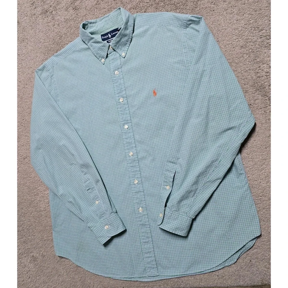 VTG Ralph Lauren Button Down Shirt Mens XL Green Check Classic Fit Orange Pony